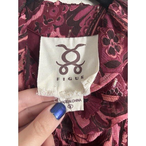 Figue‎ Blouse Silk Medium Button Front Ruffle Long Sleeve Pink Luxury Boho - Picture 3 of 5